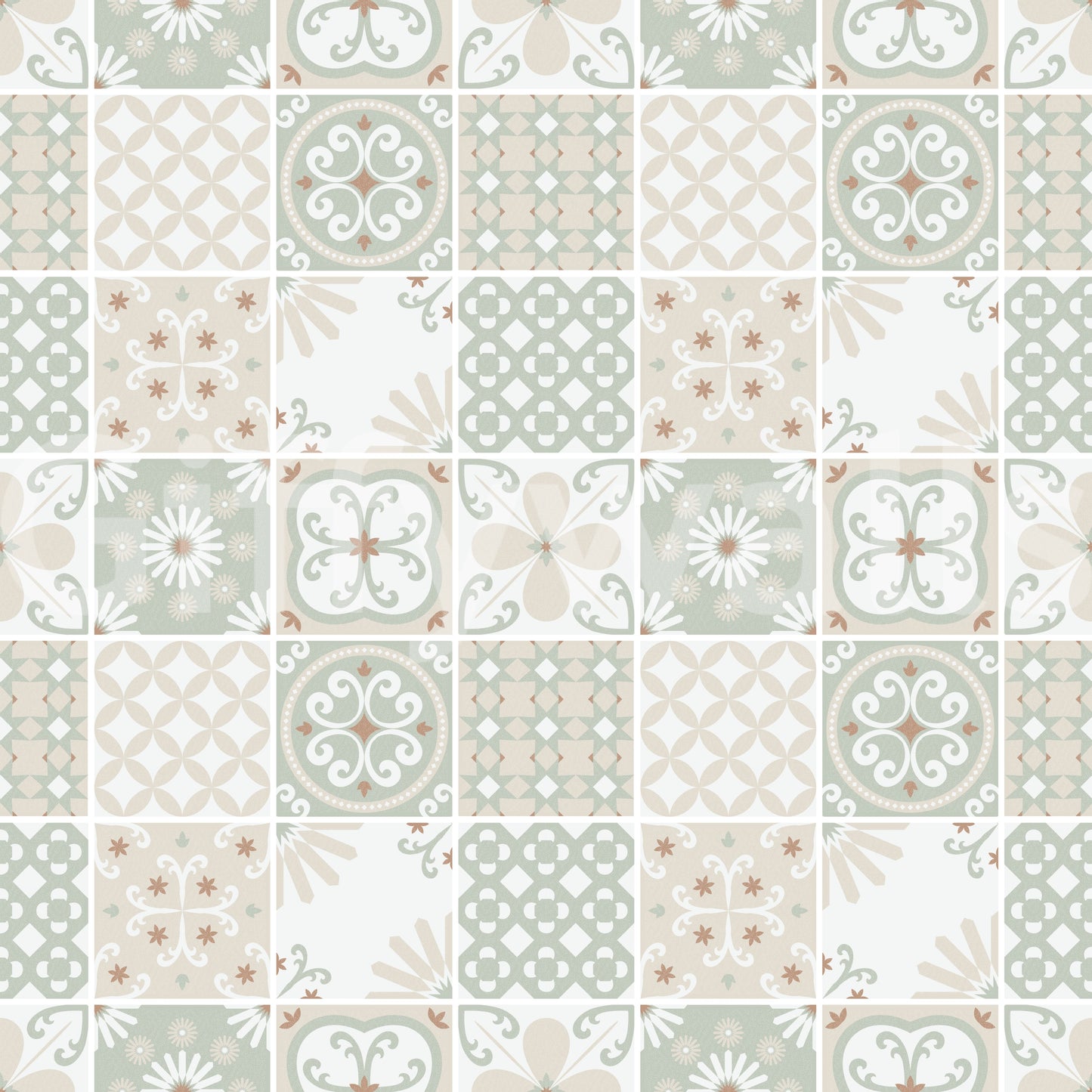 Vintage Folk Tiles – Sage Green Wallpaper