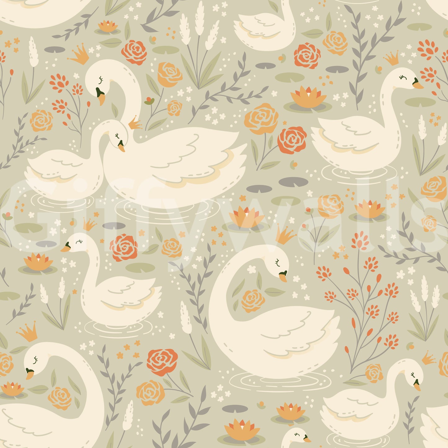 Artistic lake mural featuring swans in a peaceful, dreamlike atmosphere.