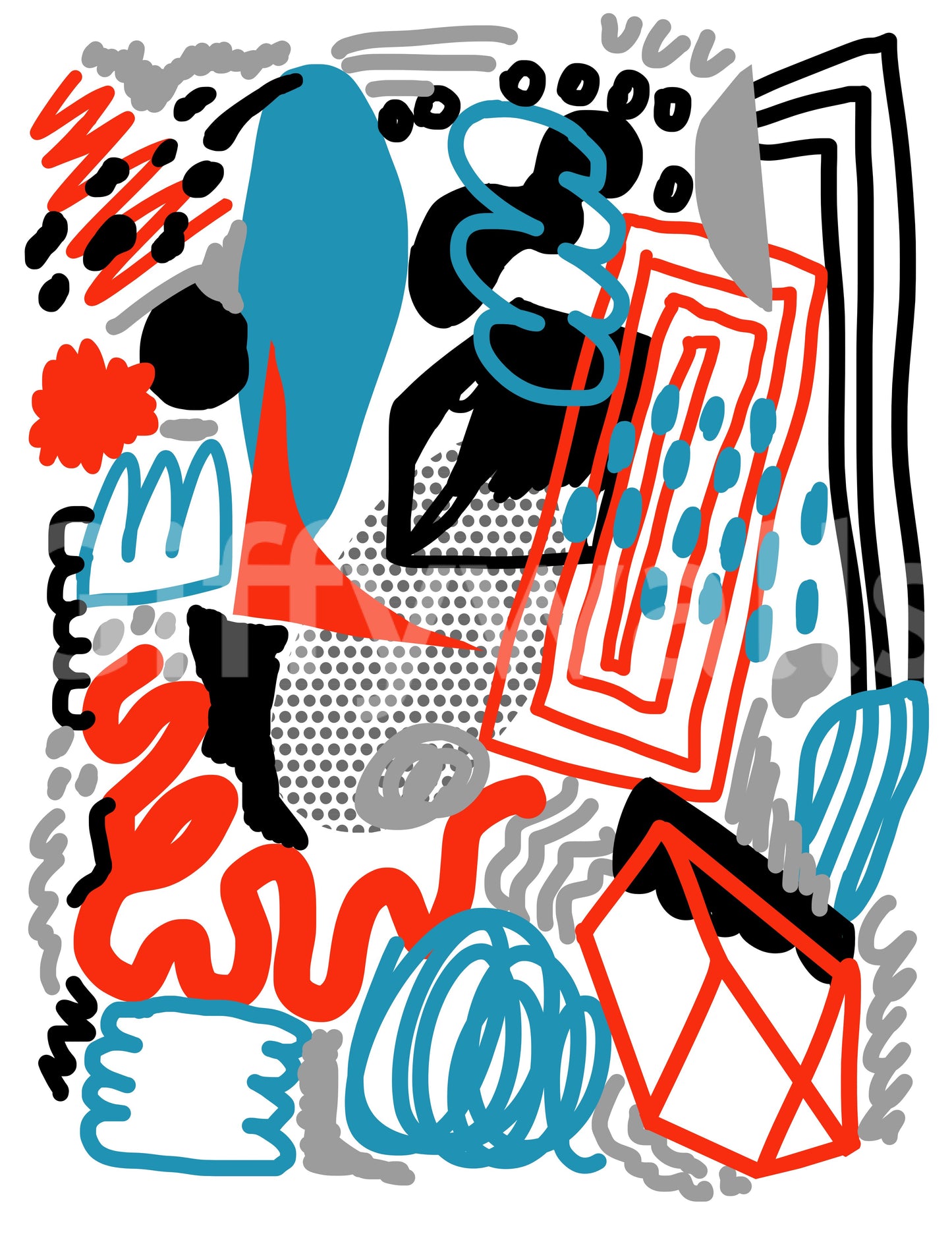 A playful wallpaper combining freeform sketch marks with bold geometric strokes and color.