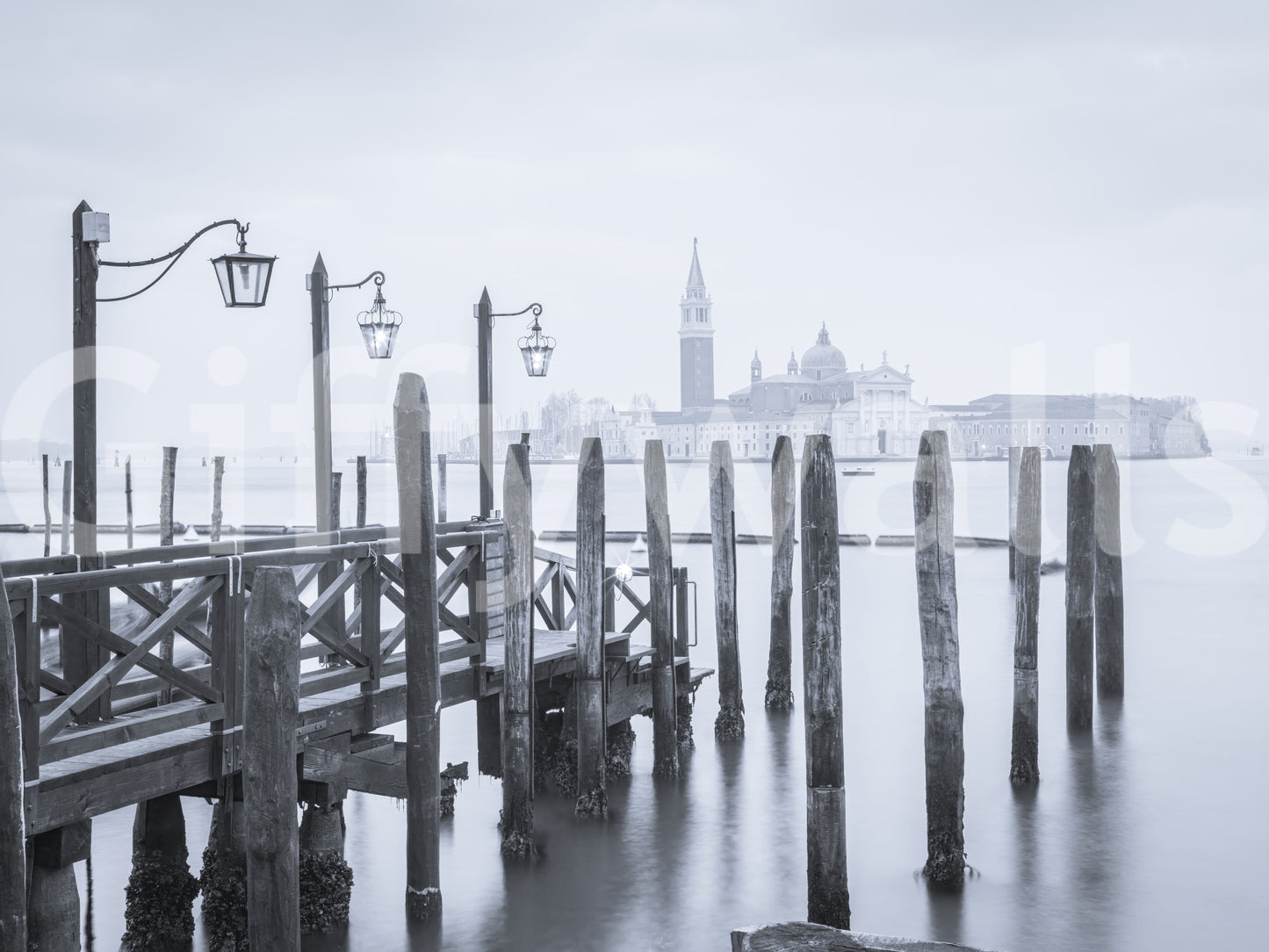 Italian wall mural, peaceful sea scene, striking contrasts, Venetian Stillness finish.