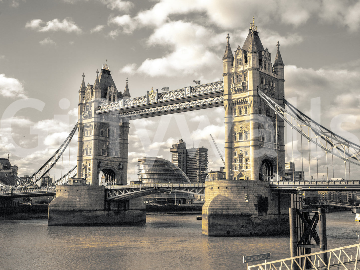 Grey tone London Bridge wall mural sophisticated architectural photograph.