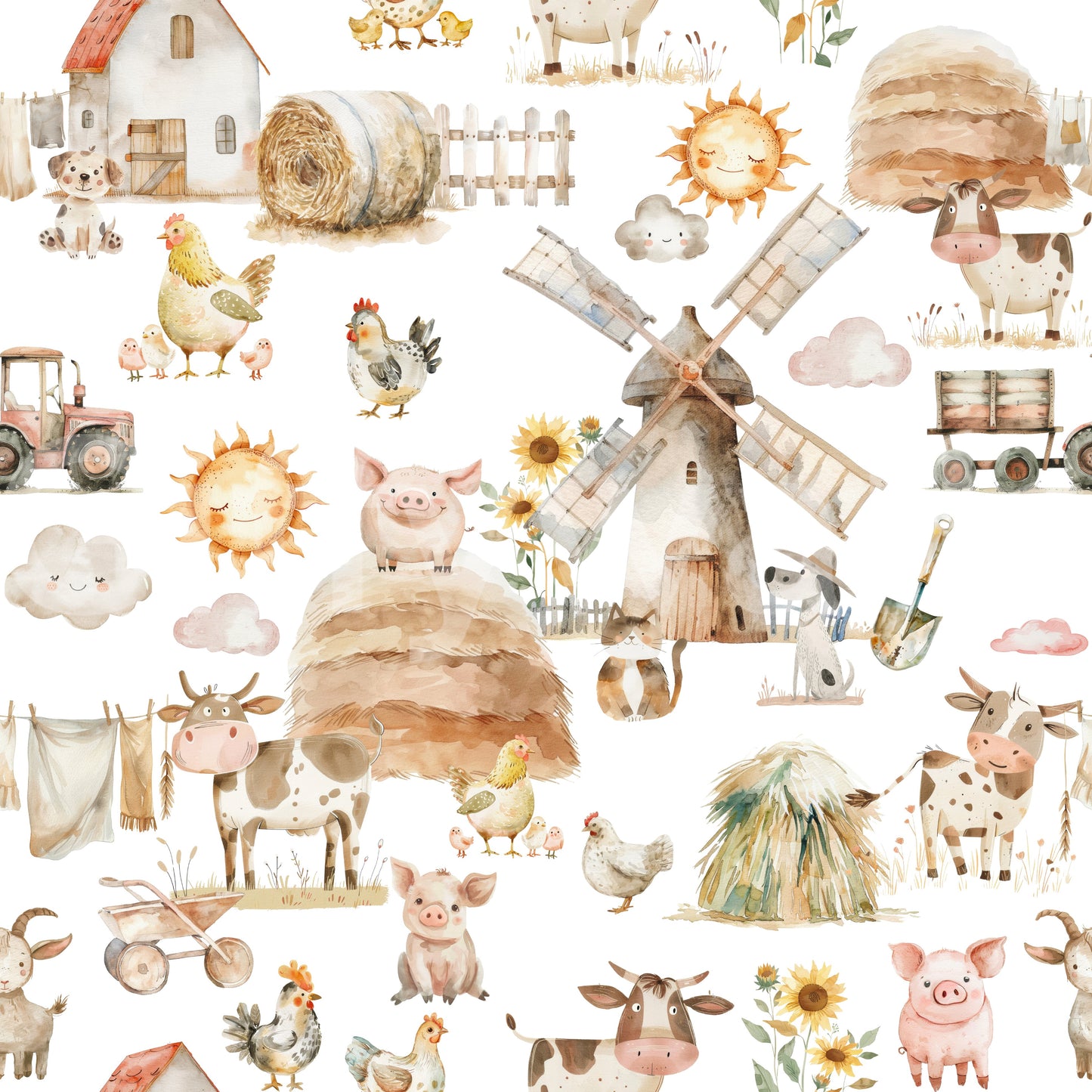 Watercolor Farm Fun Wallpaper