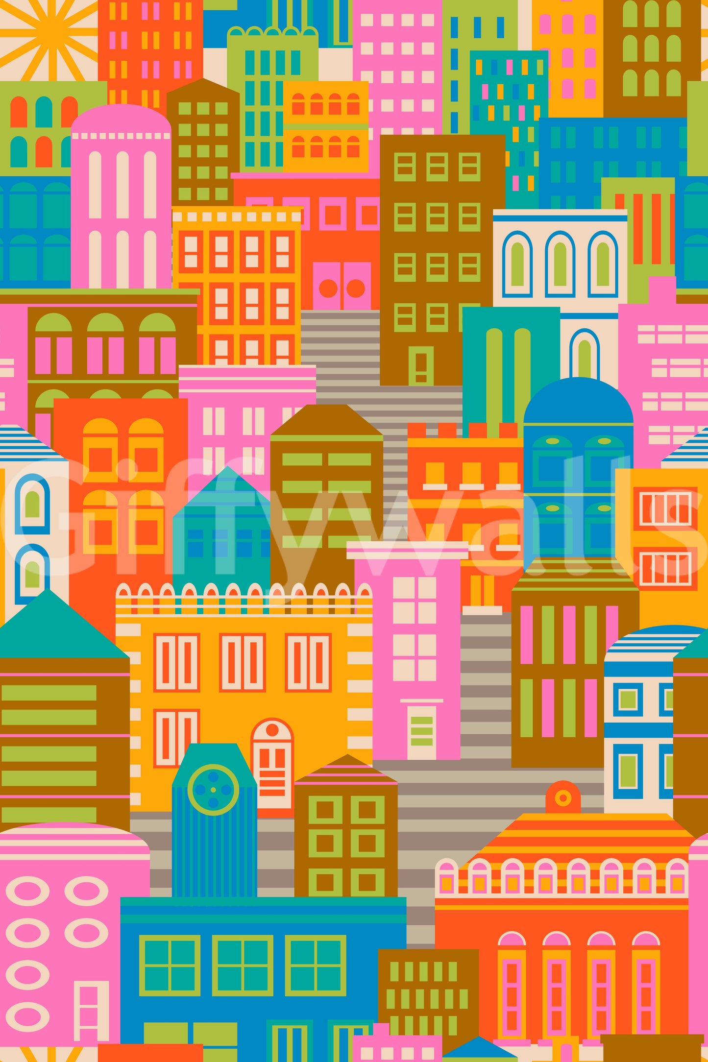 City Lights By Day Vintage Travel Bright Geometric Buildings Sunshine Rainbow Brights Wallpaper