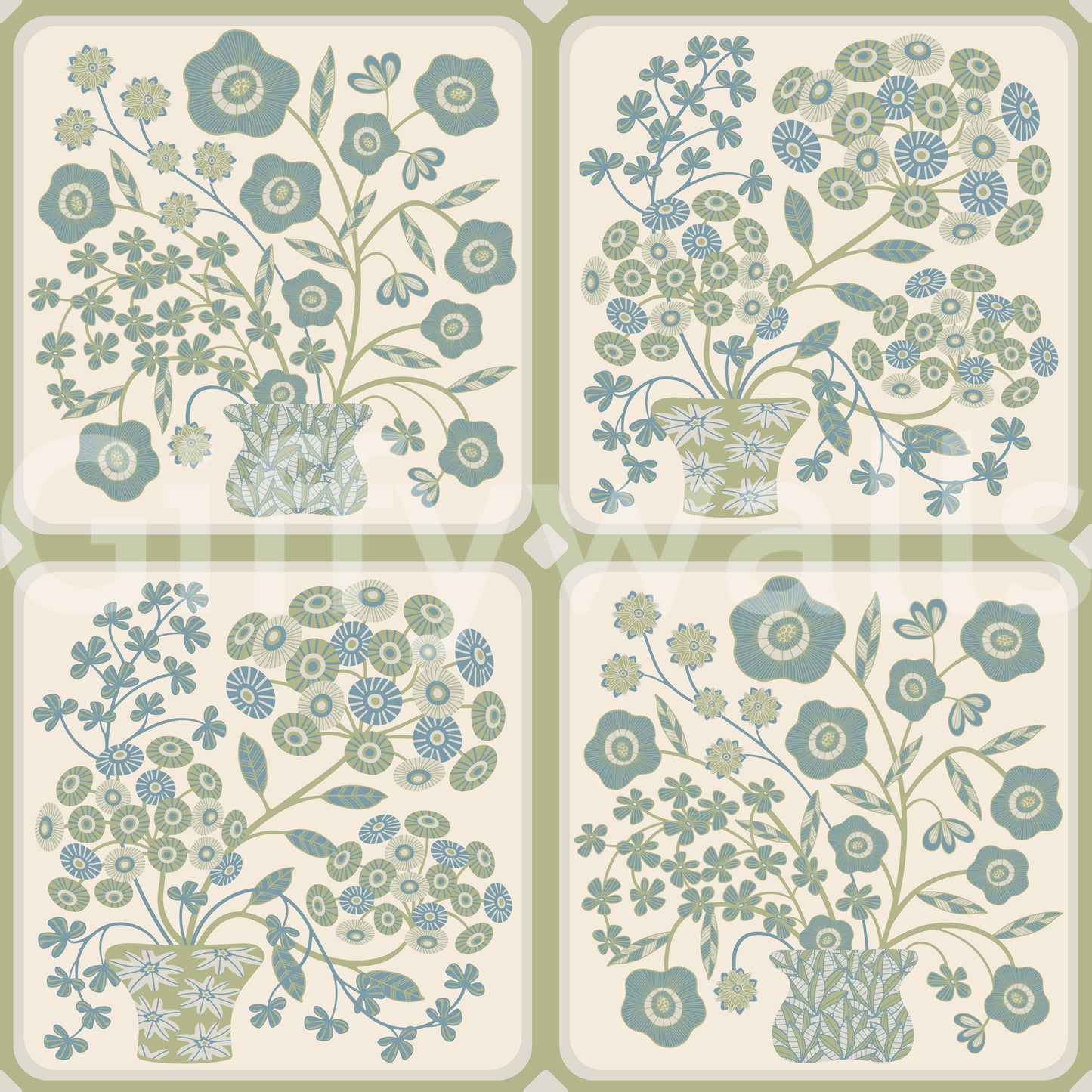 Flower Bouquet Tiles Floral Sage Green Blue Wallpaper