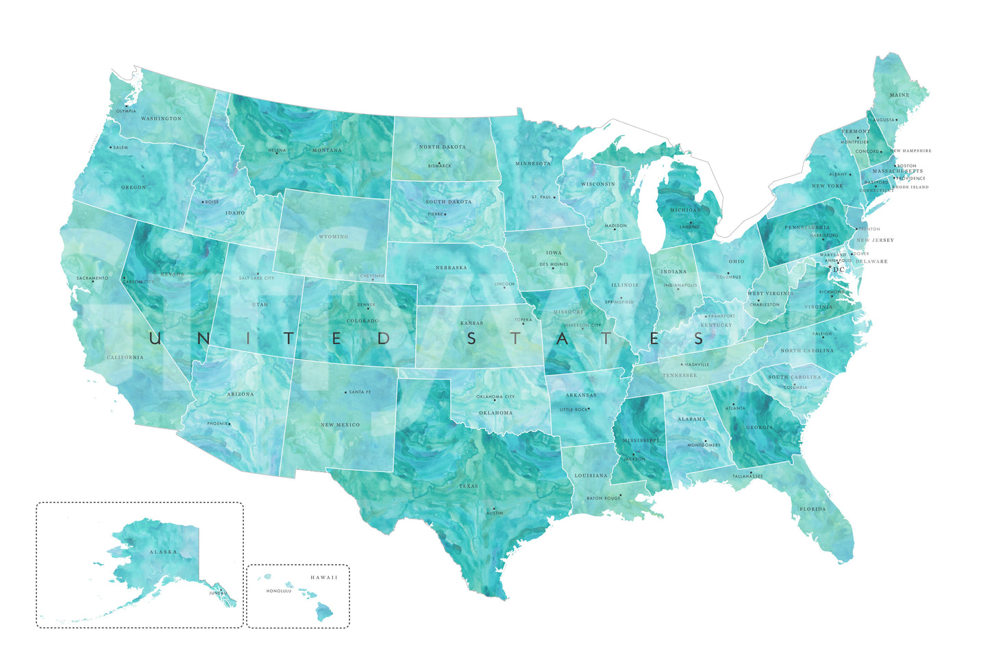 USA map with states and capitals in teal watercolor Wall Mural