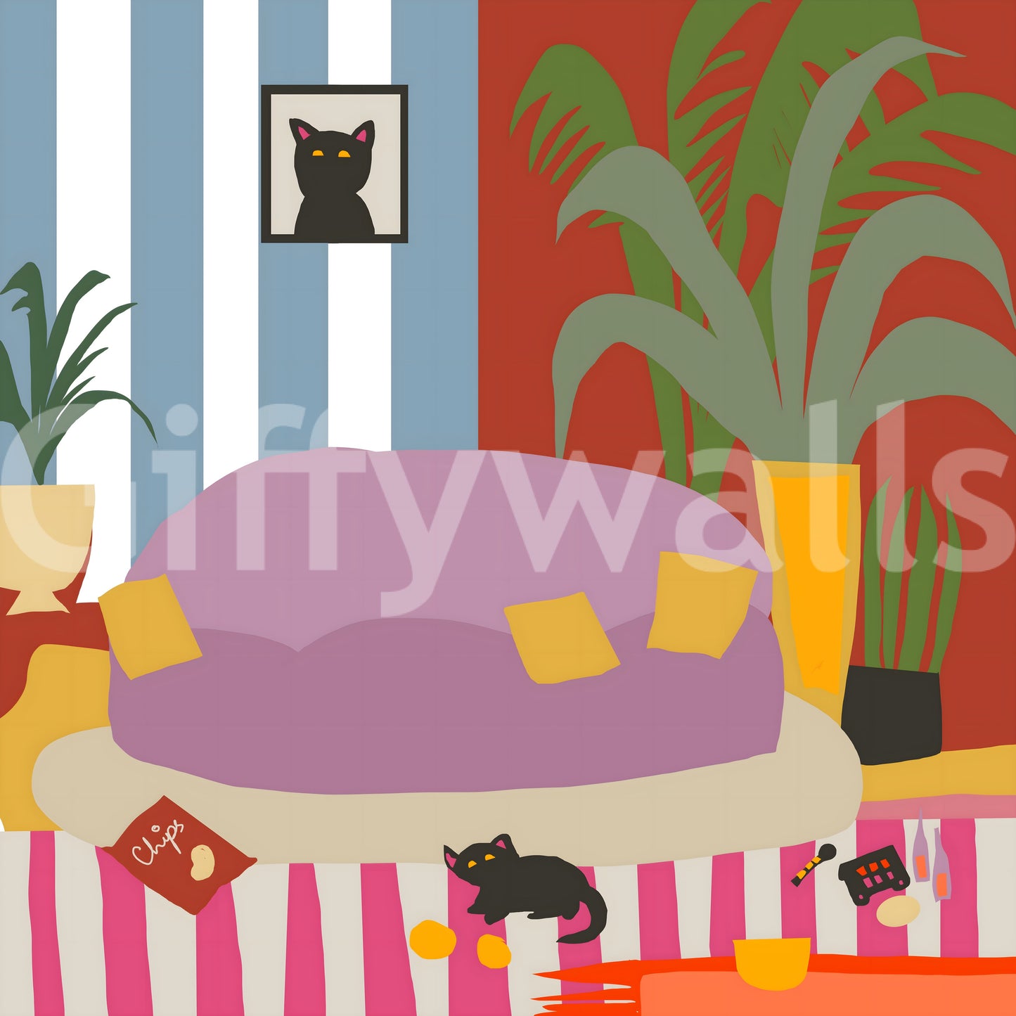 Cozy Cat Life Living Room Striped Wall Mural