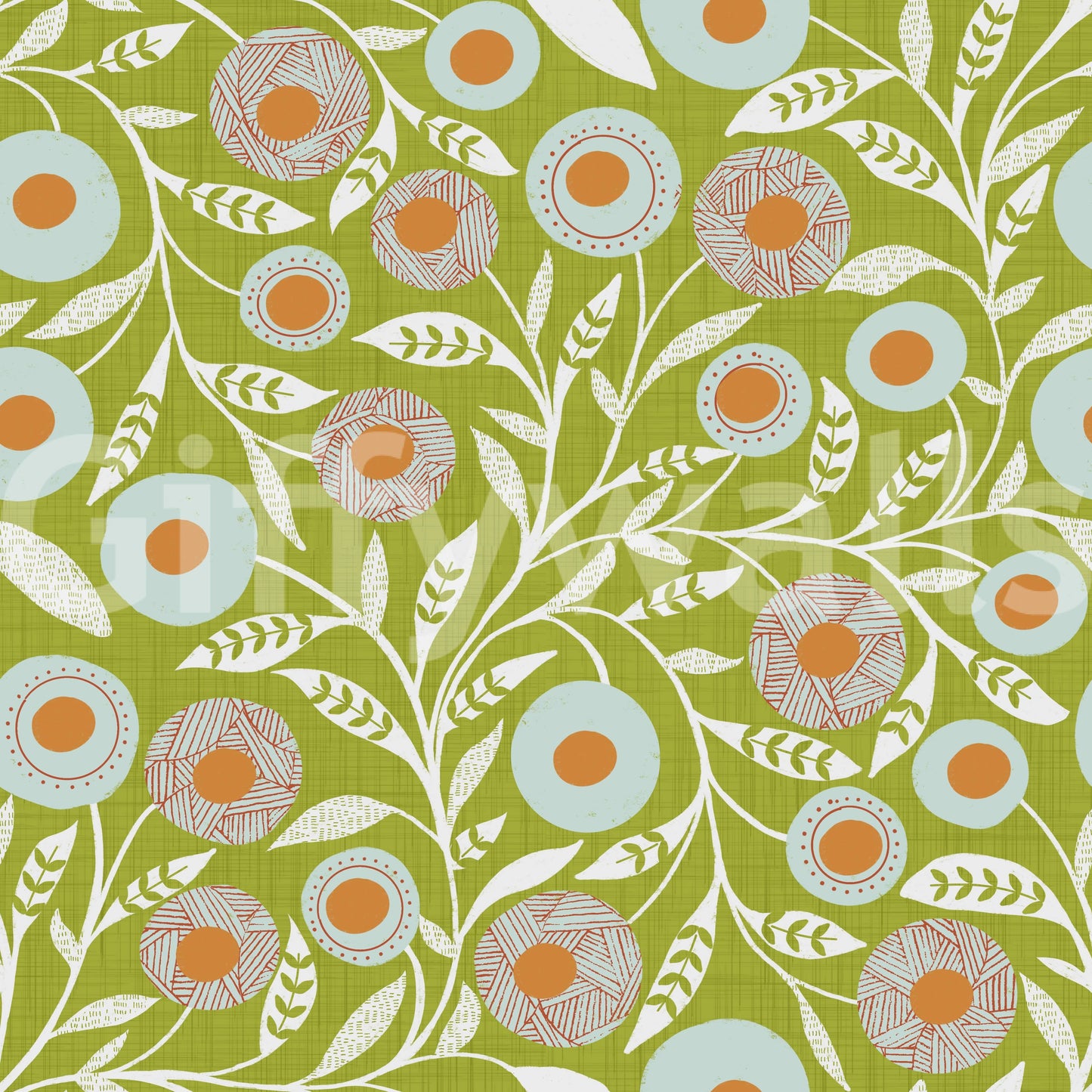 Cozy Scandi Folk Floral Olive Chartreuse - Craft Botanical Wallpaper