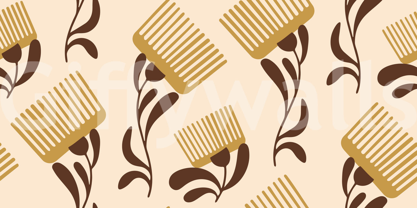 Mid Mod Wildflower Comb - Beige Chocolate Wallpaper