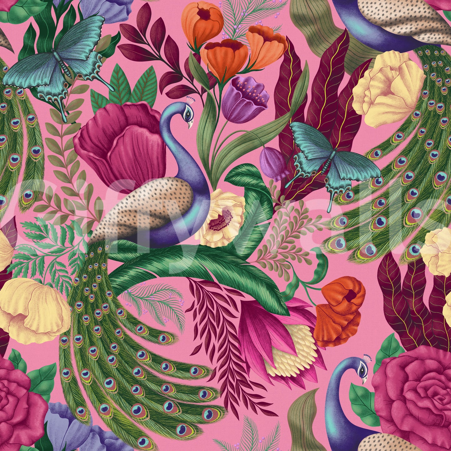 Maximalist Peacock Fantasy Garden - Pink Wallpaper