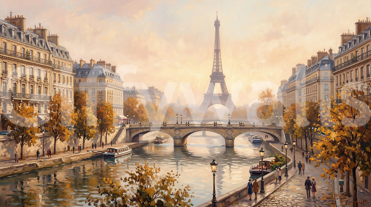 Parisian Autumn Glow wall mural with Eiffel Tower and golden river light