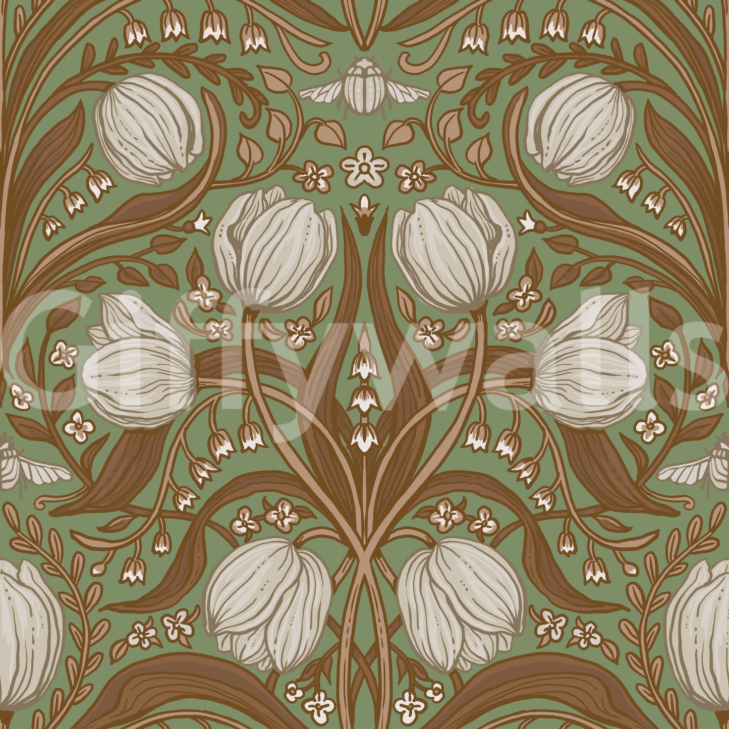 Retro Nouveau Tulips in sage and brown Wallpaper