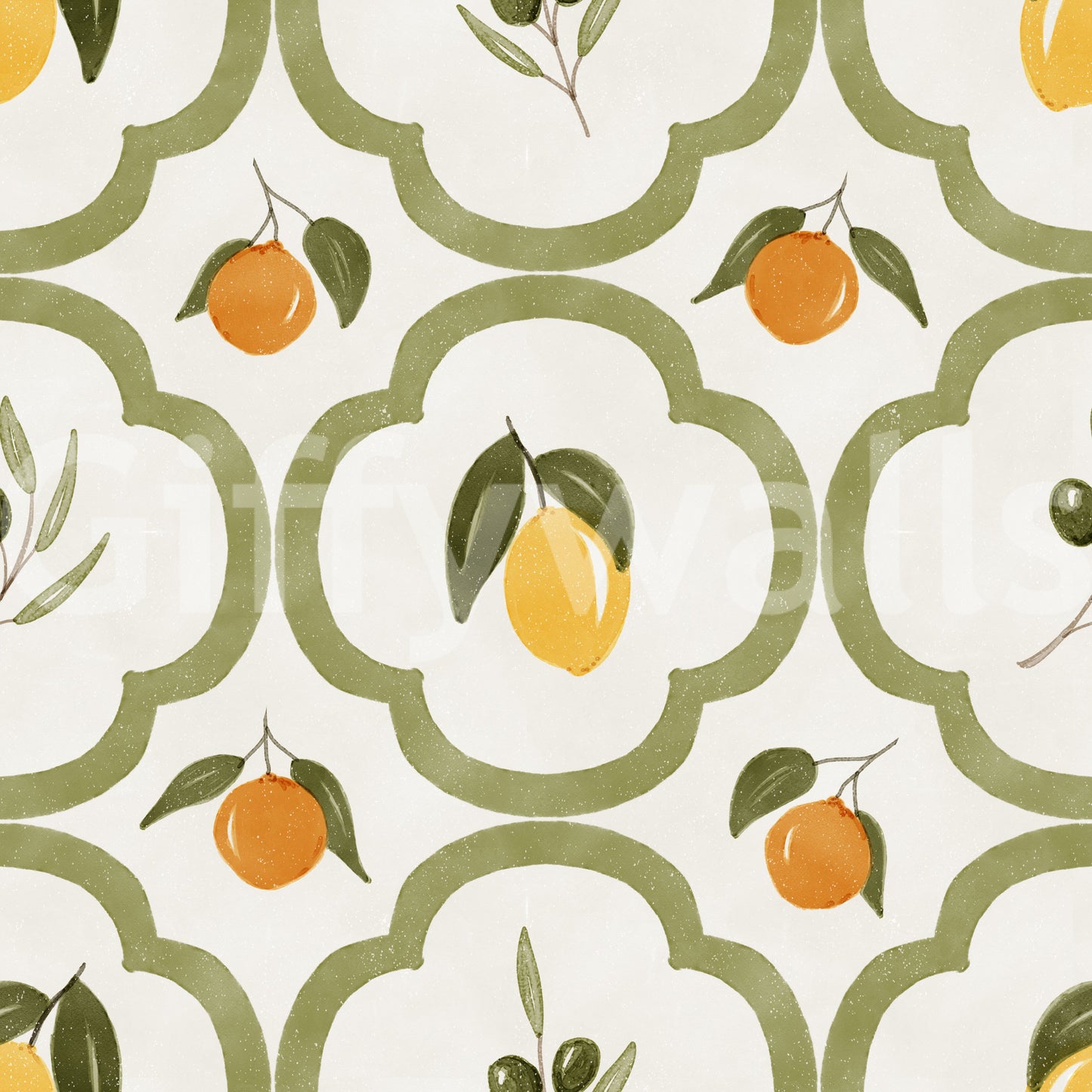 Mediterranean citrus wallpaper with hand-painted lemons and oranges