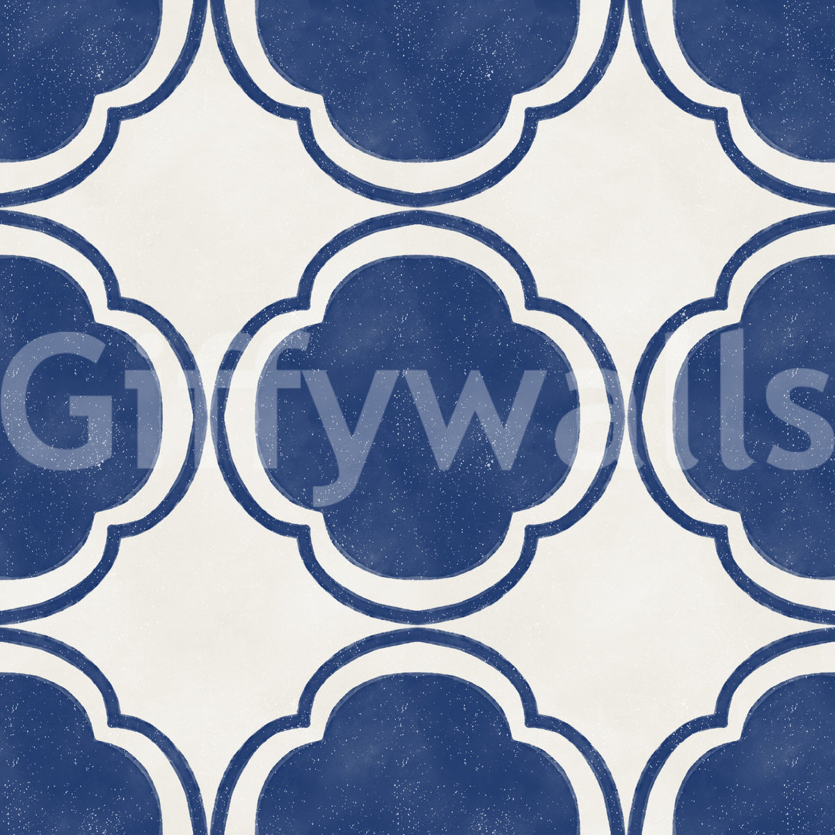 Mediterranean quatrefoil pattern blue wallpaper with textured aged surface