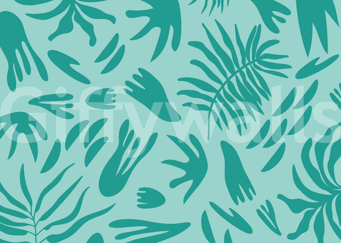 Aqua Botanical Flow wall mural showing abstract teal leaves.