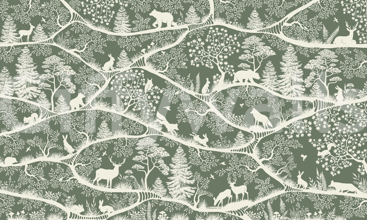 Woodland pattern animal mural nordic nature green wall mural