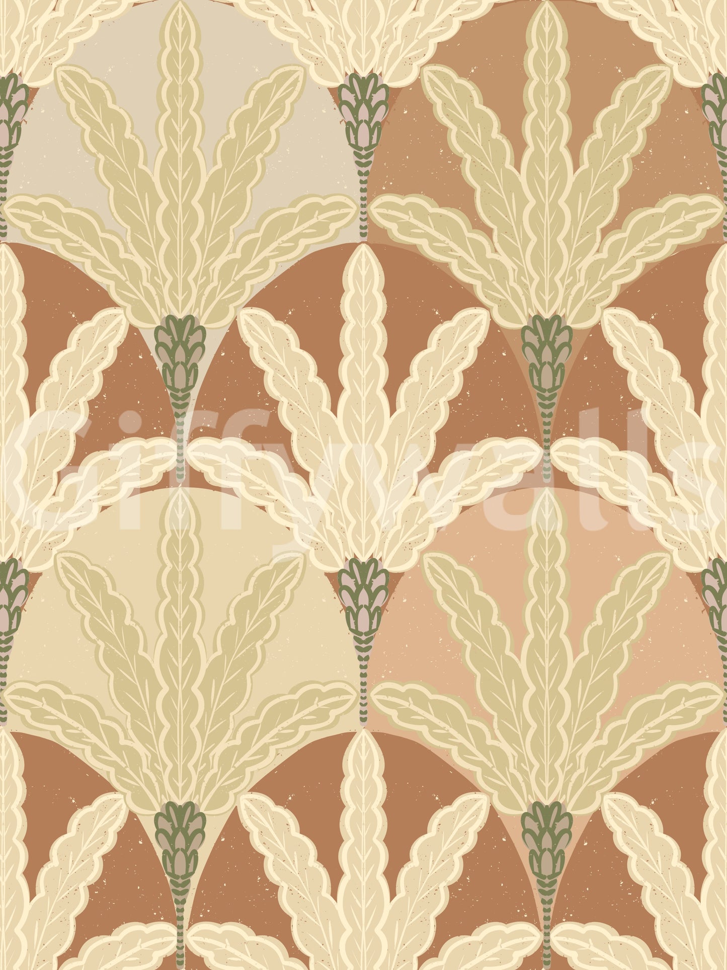 Earthy fan fronds wallpaper with layered leaf plumes in a warm vintage repeat flow