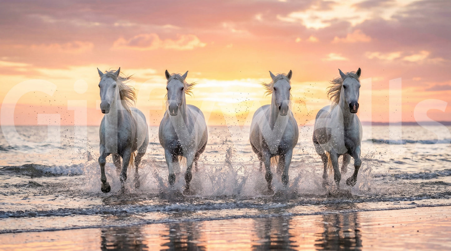 Wild horses golden shore wall mural with white horses racing through sunset surf