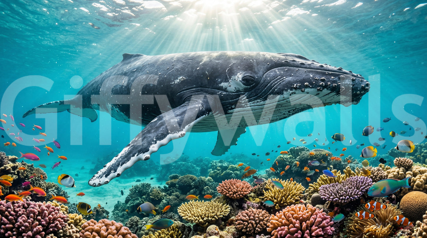 Underwater paradise wall mural with whale, coral reef, and tropical fish in view