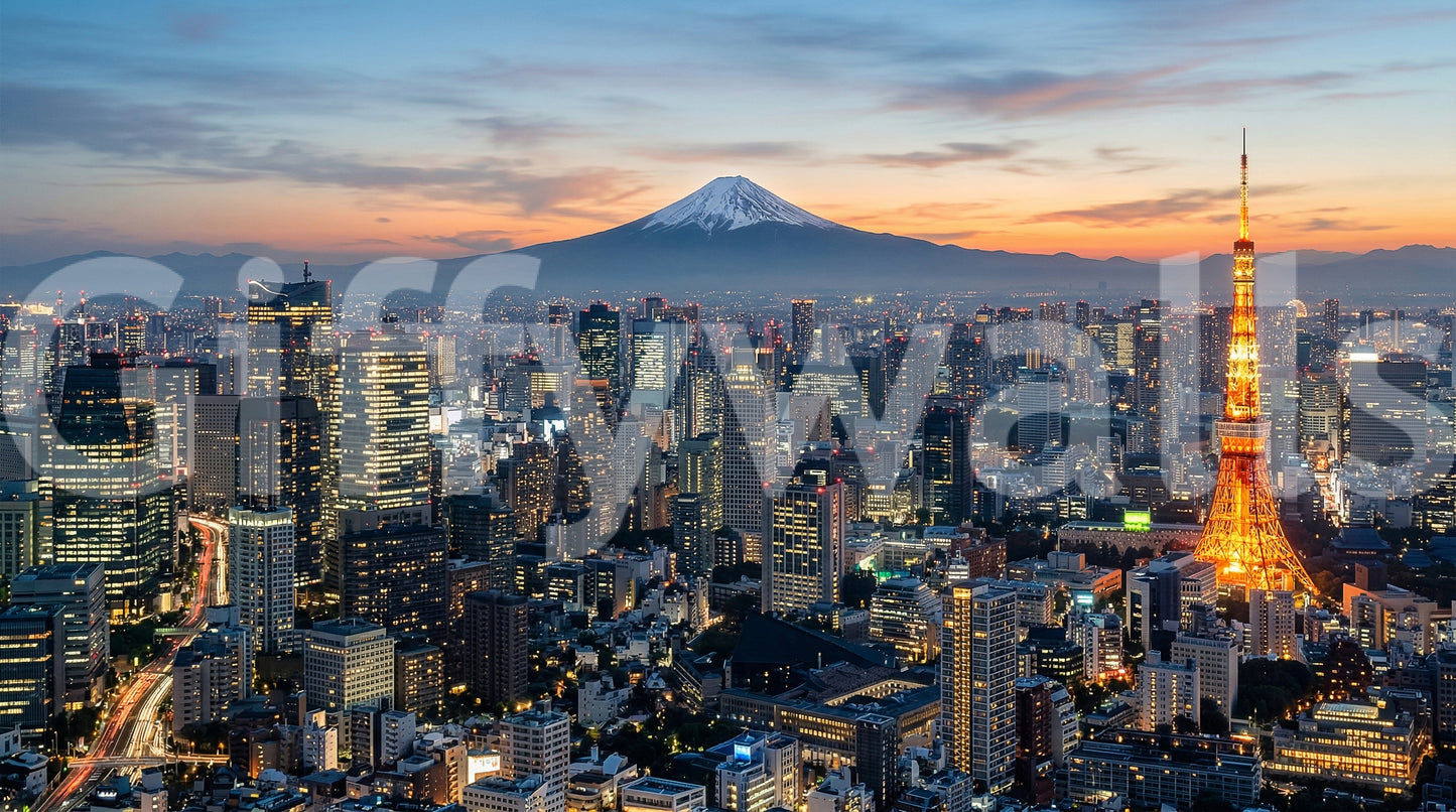 Tokyo skyline wall mural with glowing tower lights and Mount Fuji at dusk horizon