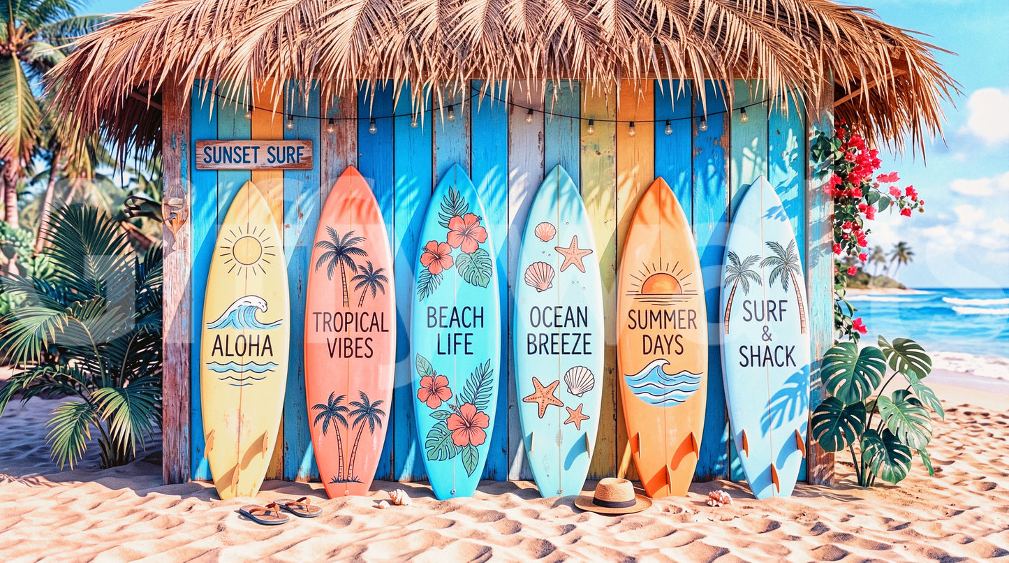 Tropical surf mural with wooden shack background in living room