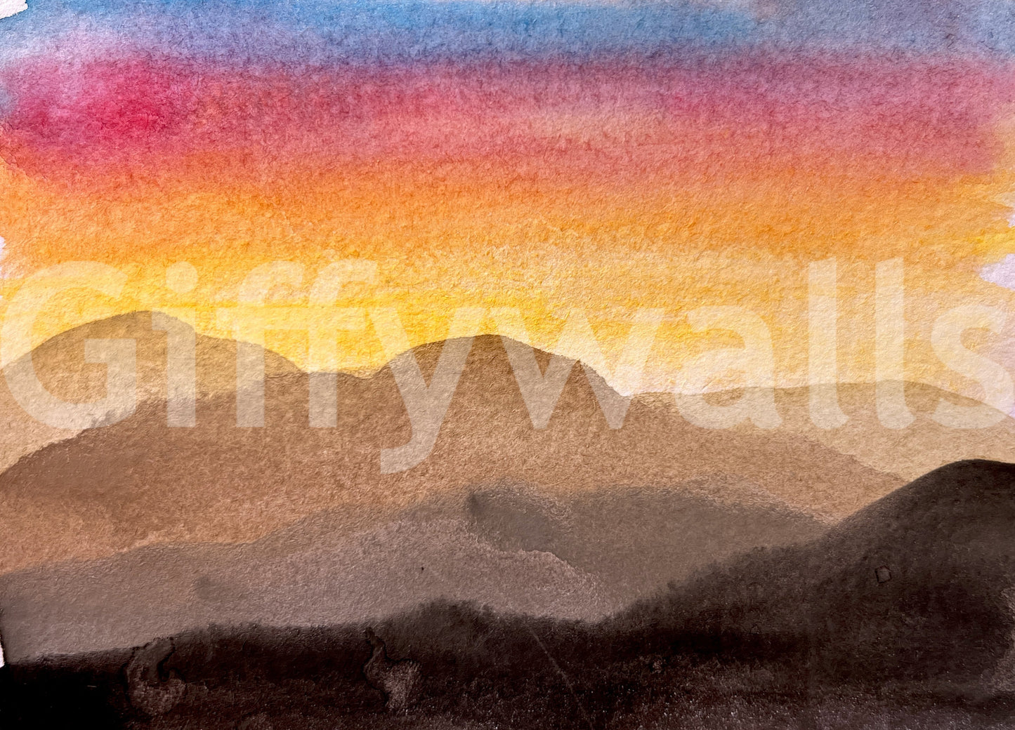 Nature-inspired watercolor wall mural with mountains and warm sky tones