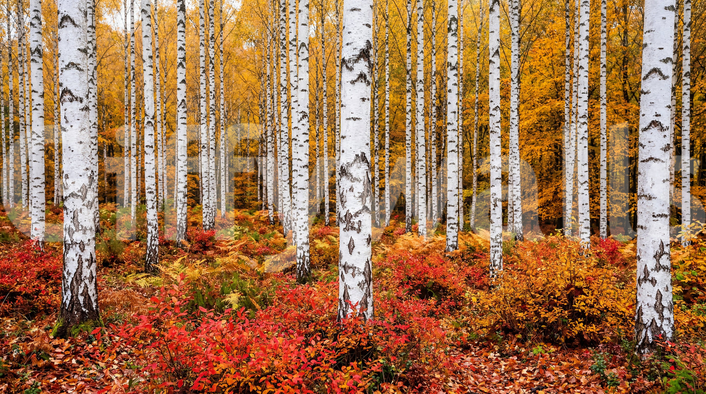 Vibrant autumn birches wall mural with white trunks and glowing forest foliage tones
