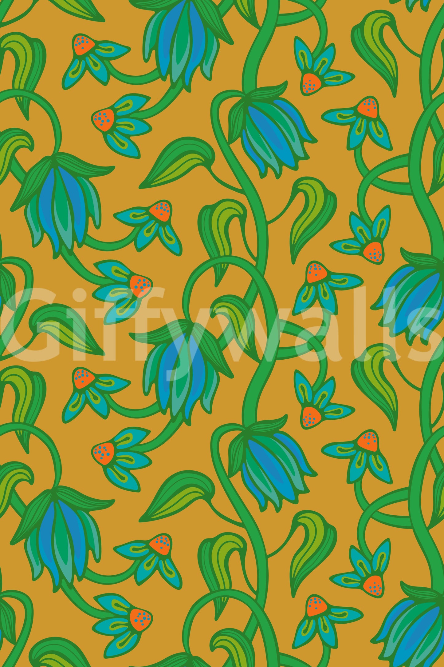 Ophelia Boho Blossoms Floral Tropical Blue Green on Mustard Yellow Wallpaper