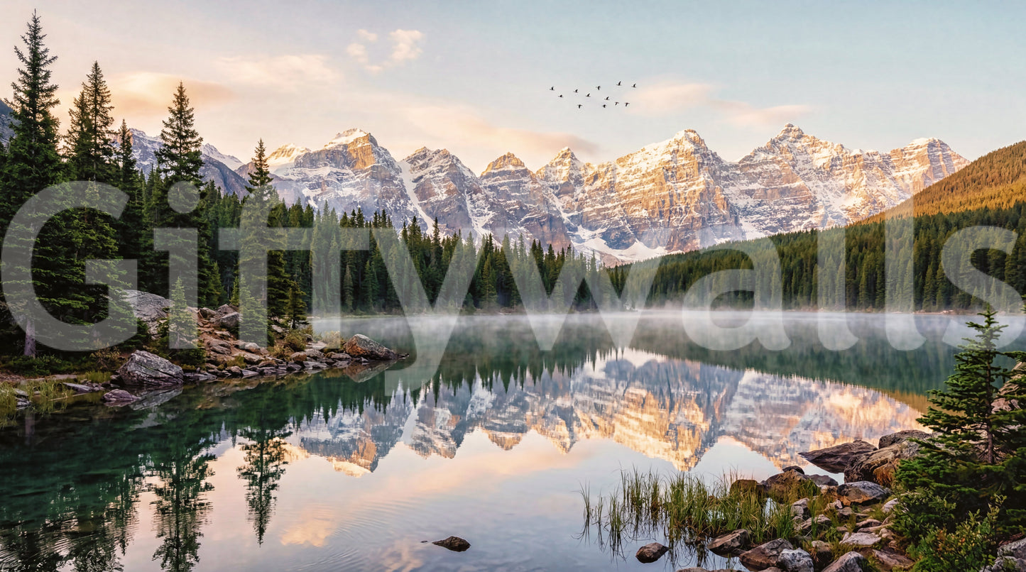 Alpine Dawn Reflection wall mural with sunrise light and lake surface