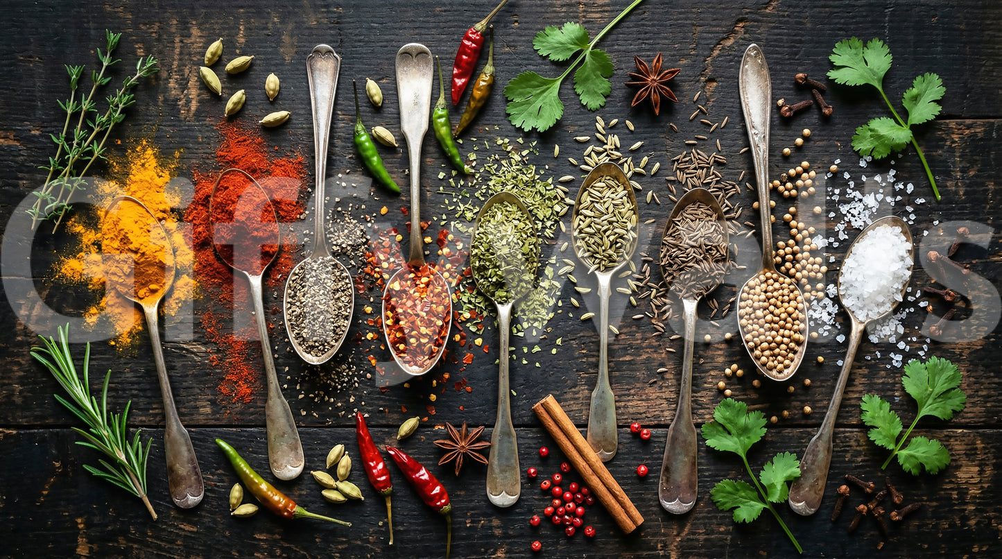 Food-themed wall mural with natural spices and spoon arrangement