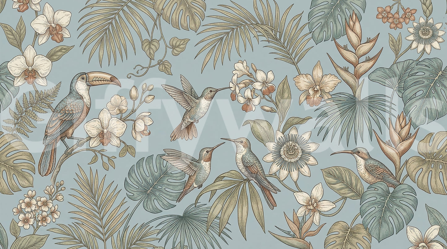 Bird and botanical mural with layered tropical plant detail