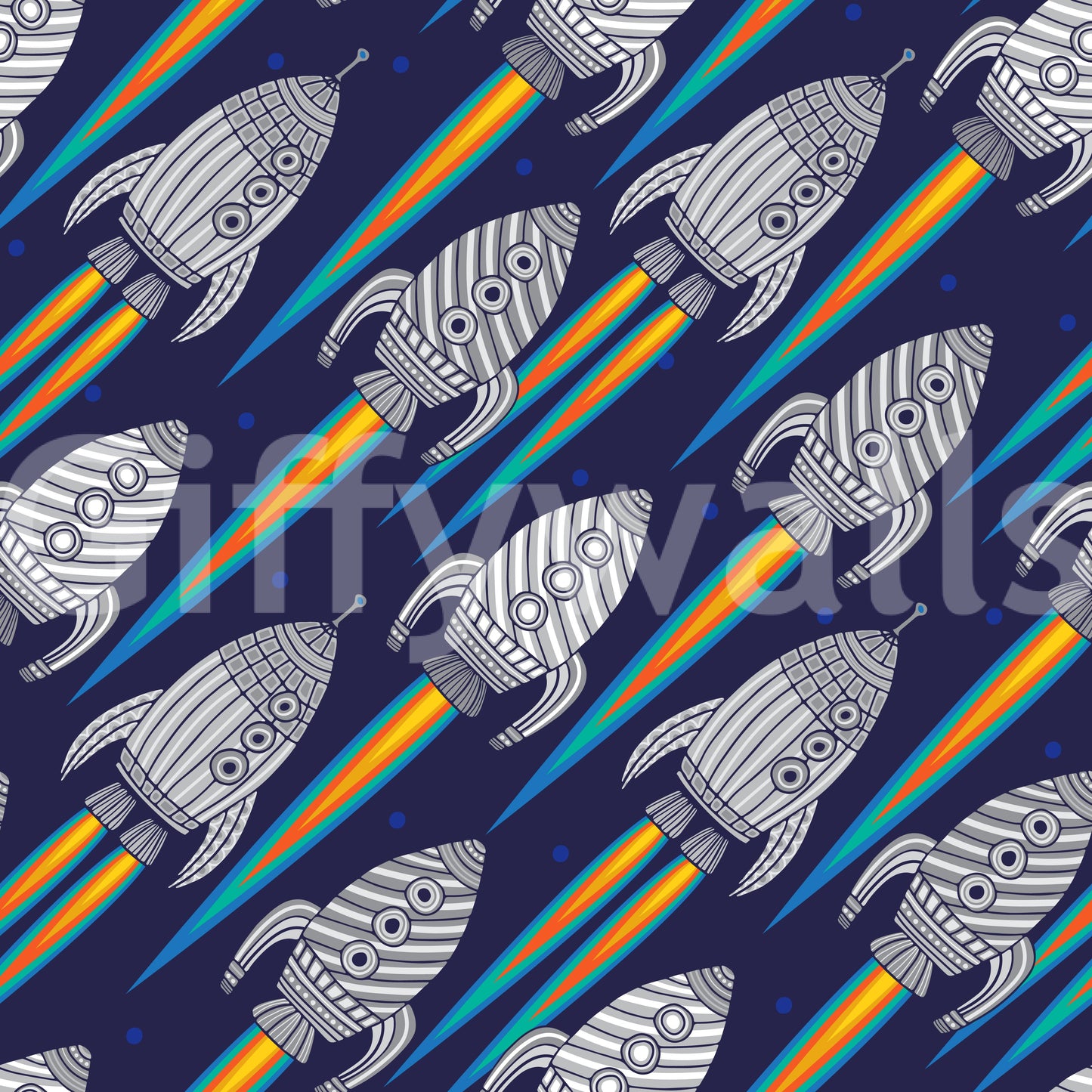 Blast Off spaceship wallpaper with playful rocket illustrations