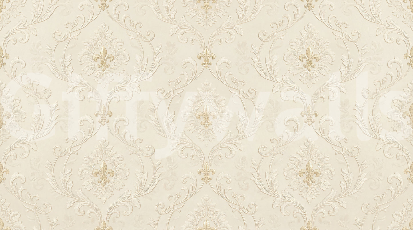 Scrollwork floral mural with neutral tones and detailed repeat