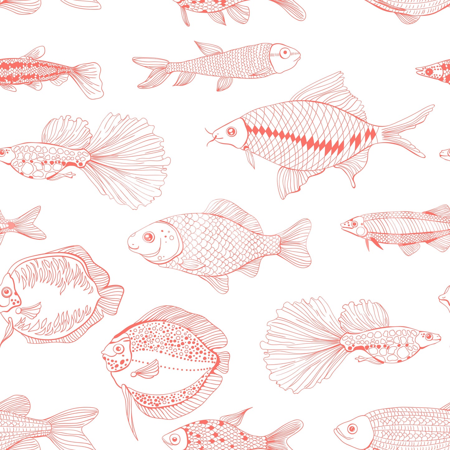 Detailed hand-drawn wallpaper with fish motifs and a white open ground