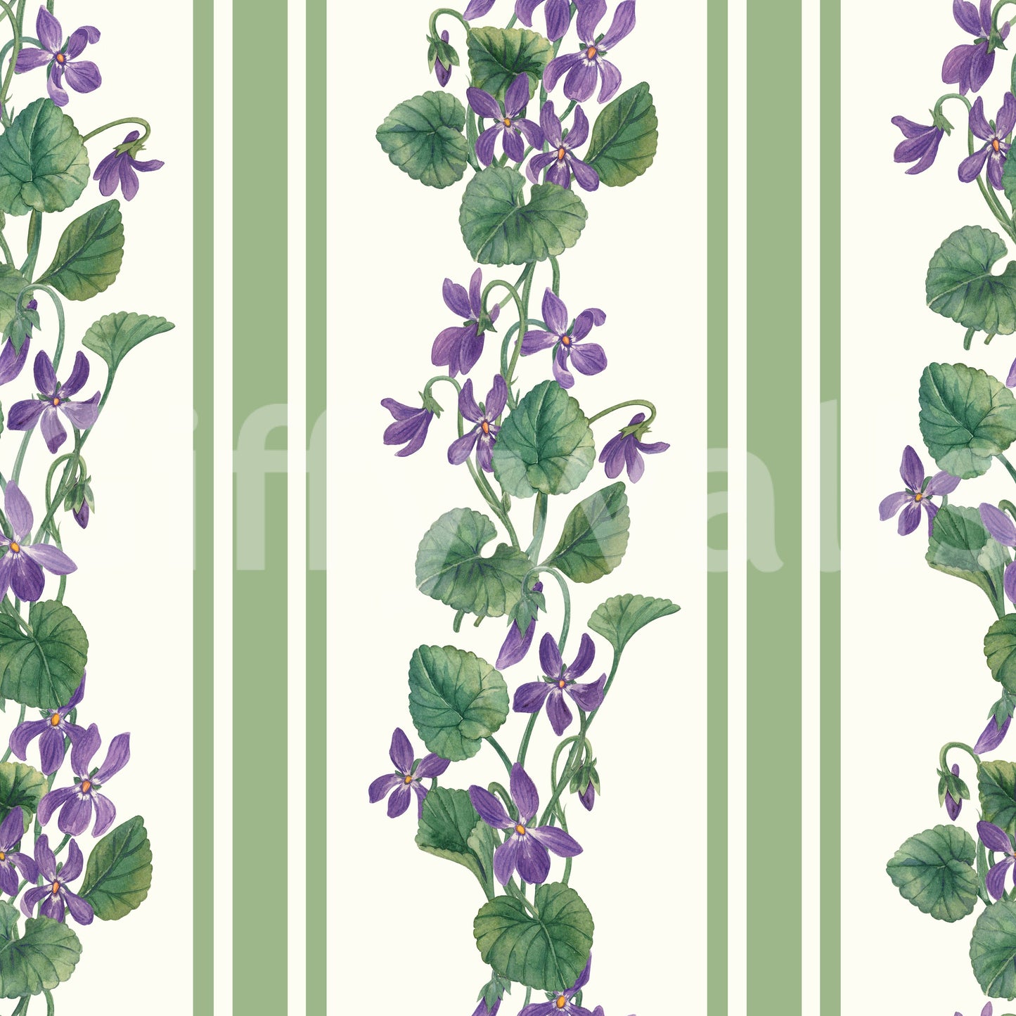 Botanical stripe wallpaper with violets, leafy stems, and green bands