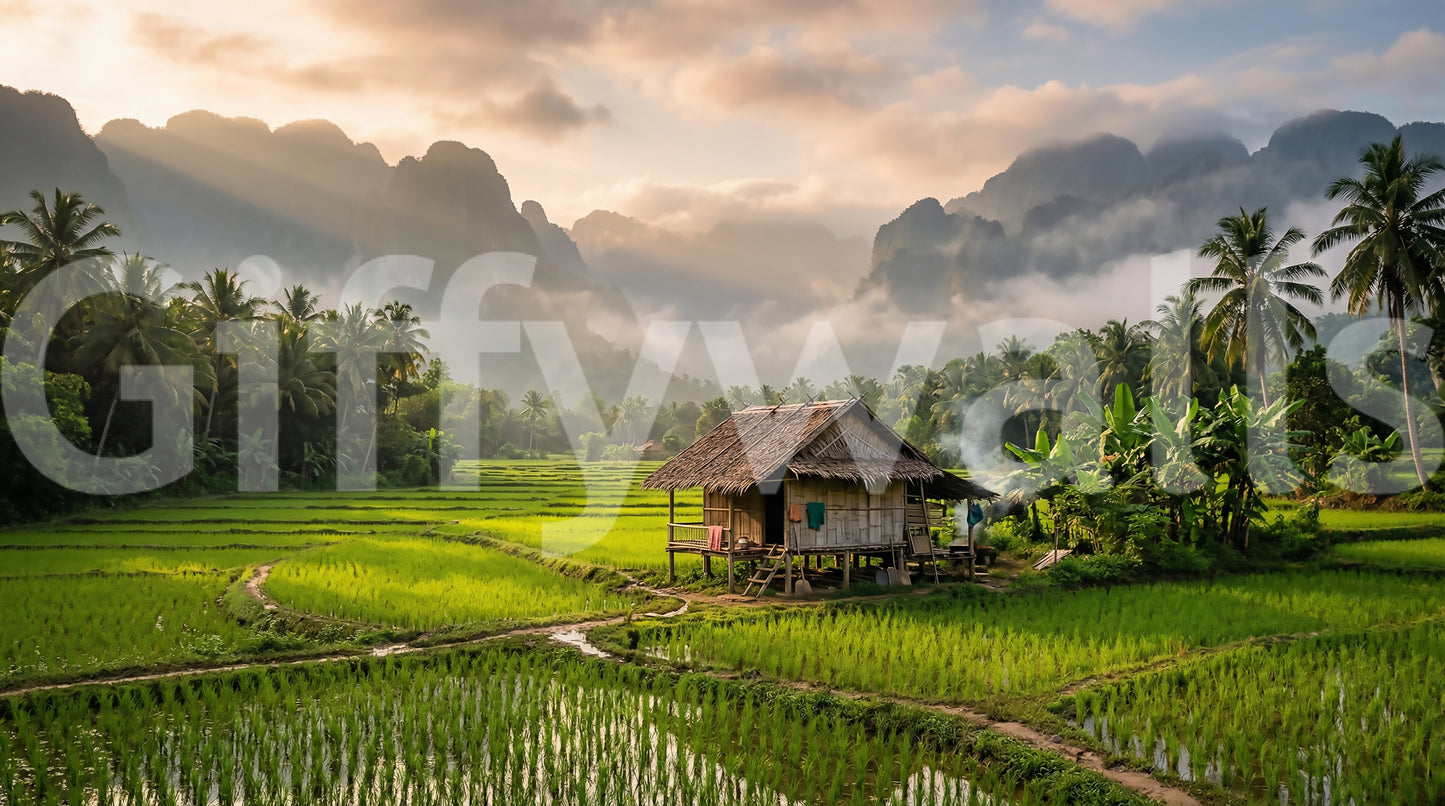 Misty mountain wall mural featuring fields, hut, and soft sunrise sky