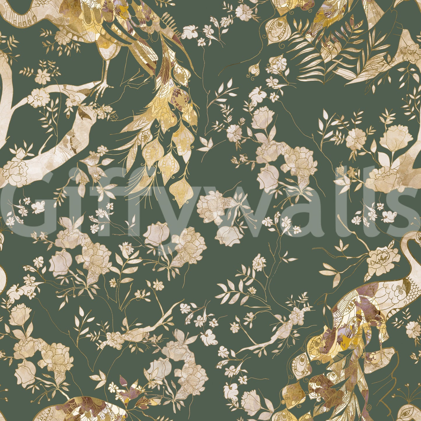 Olive green vintage wallpaper with peacock artwork and soft floral accents