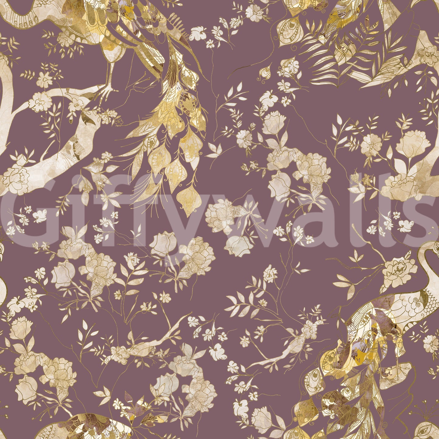 Gold-lined branches add detail to this plum bird wallpaper with soft florals