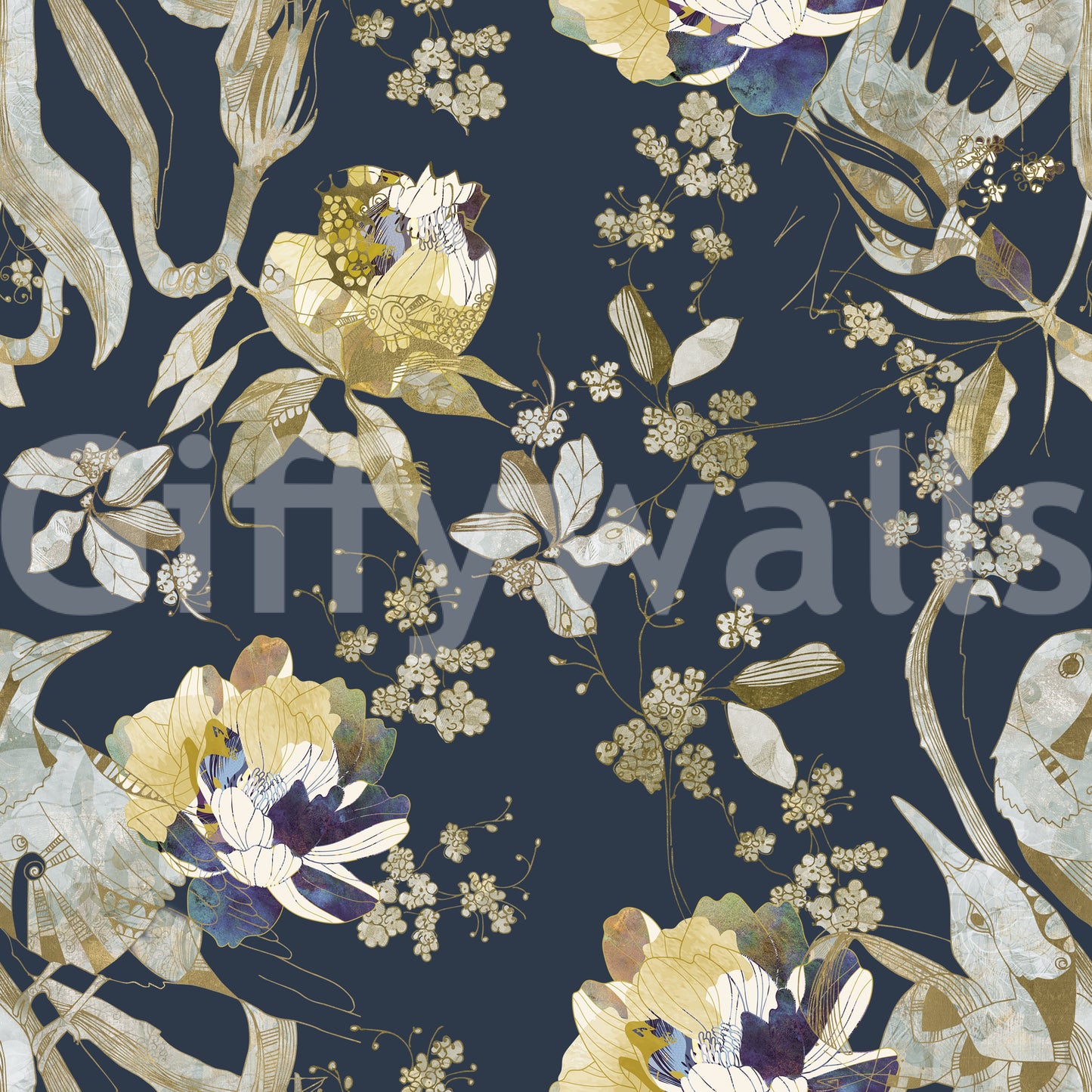 Delicate branches and birds appear across this blossom wallpaper in cream