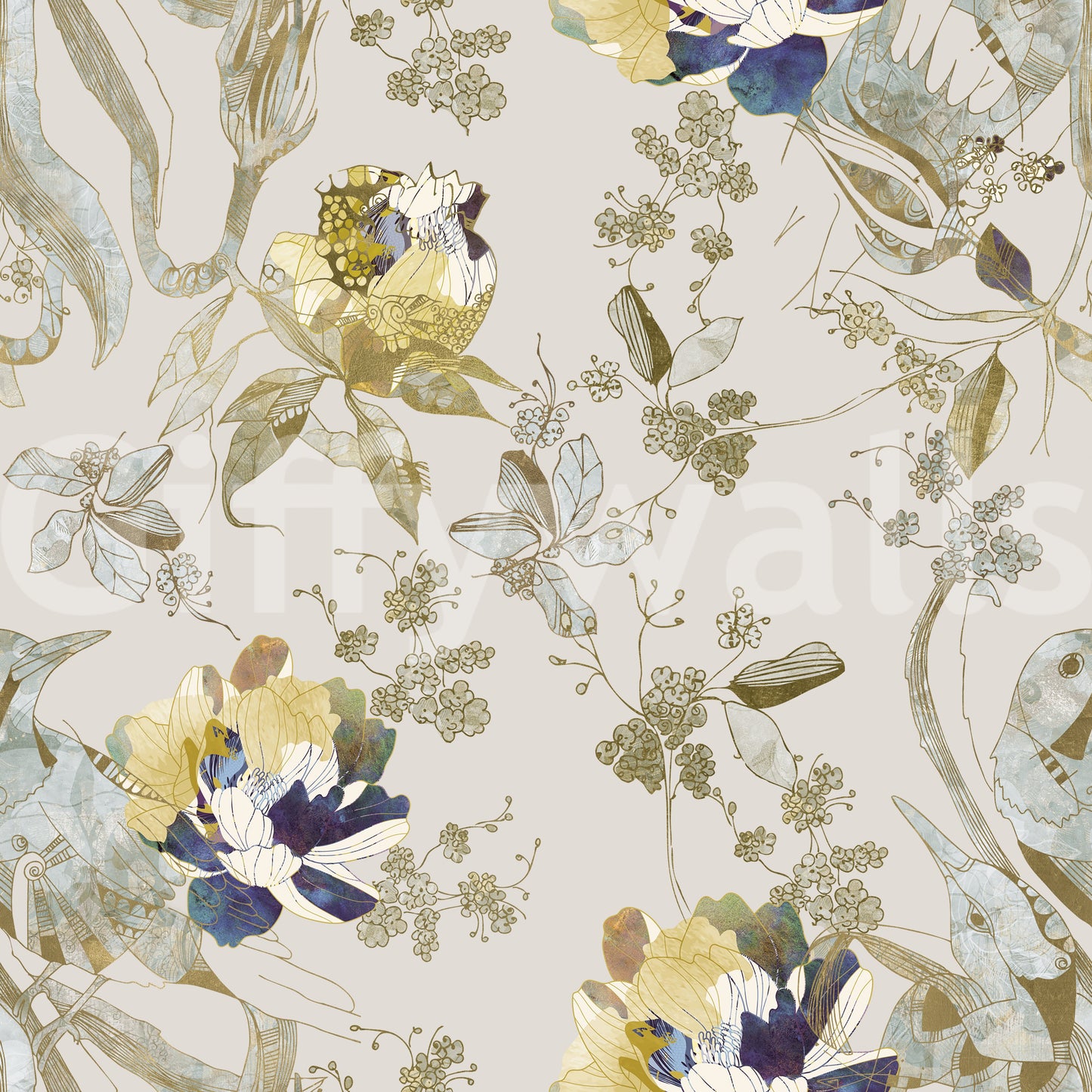 Emerald Green Bird & Floral Wallpaper