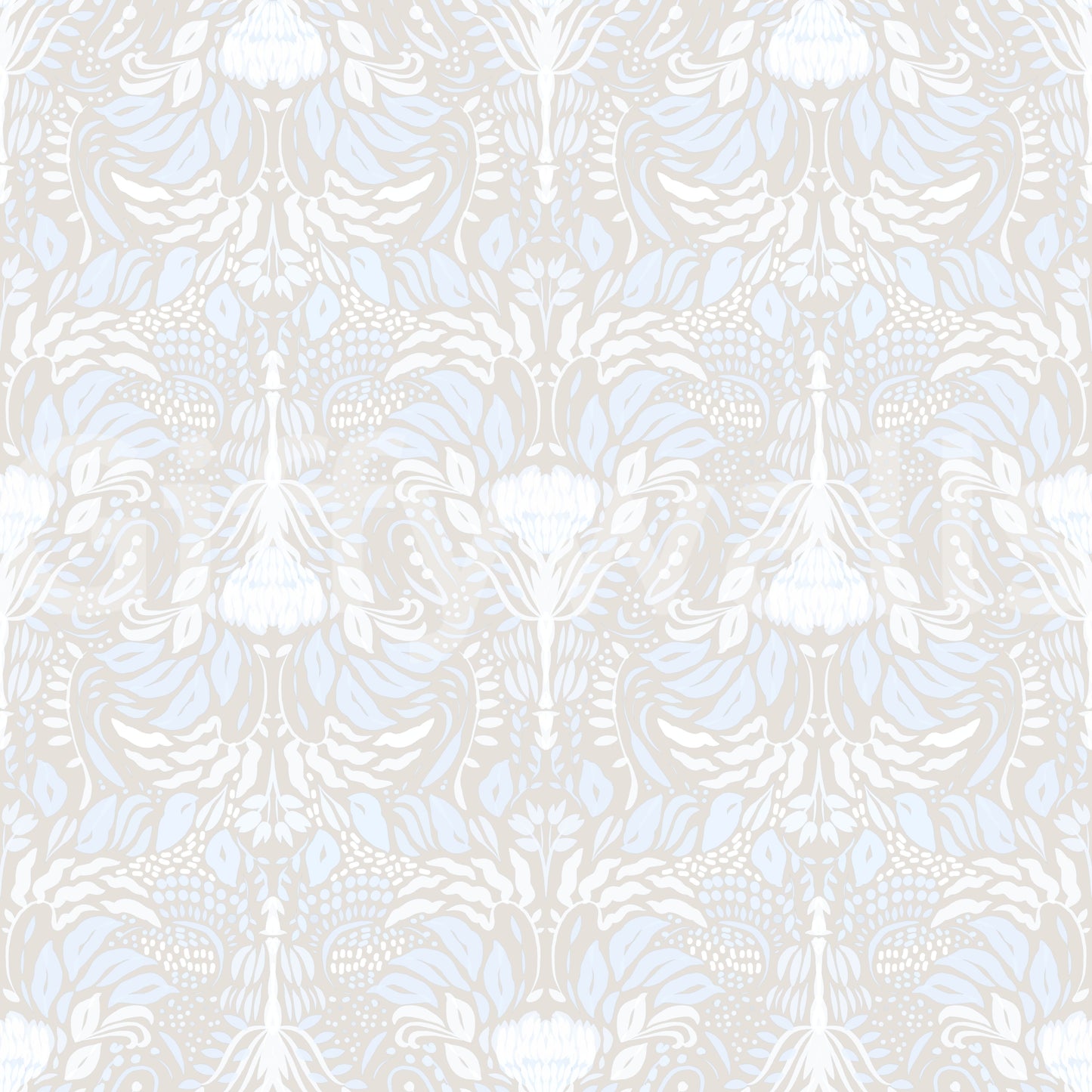 Whisper-pale floral wallpaper with cottagecore bloom patterning in blue and cream
