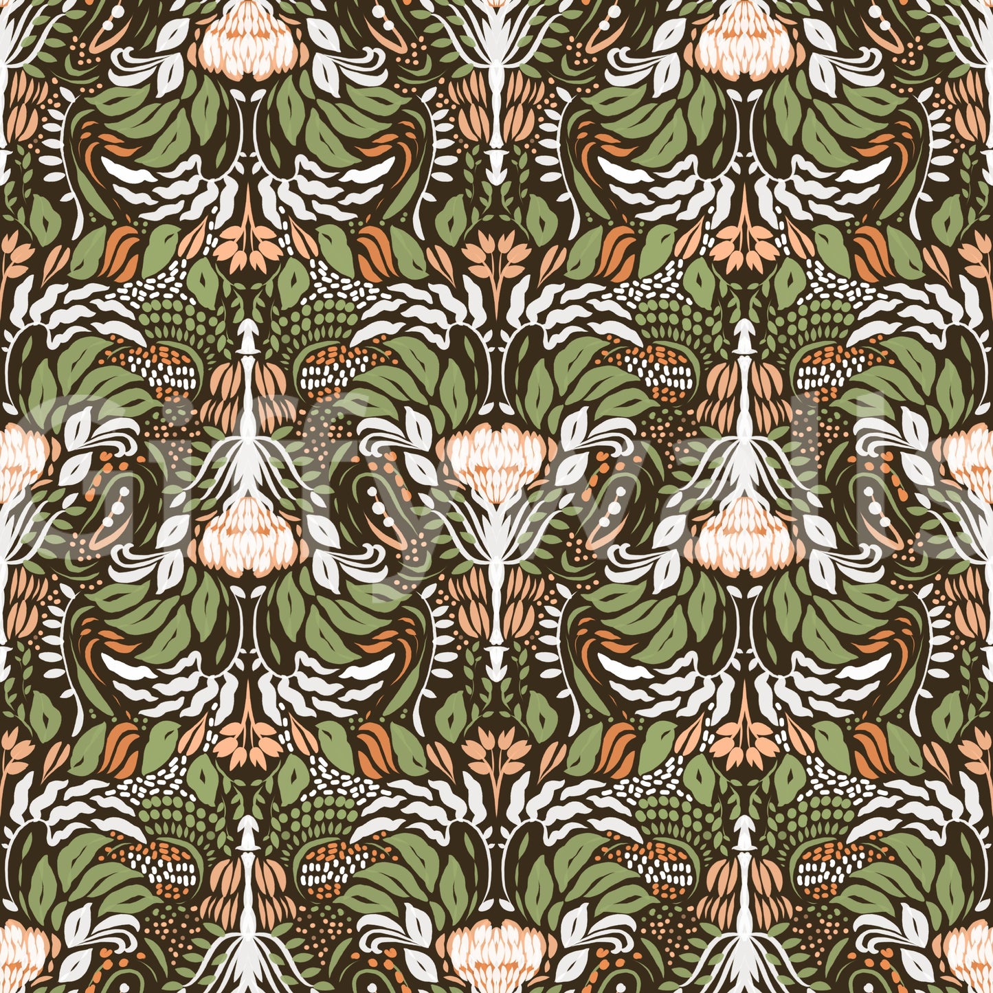 Layered olive foliage and peach accents in botanical wallpaper