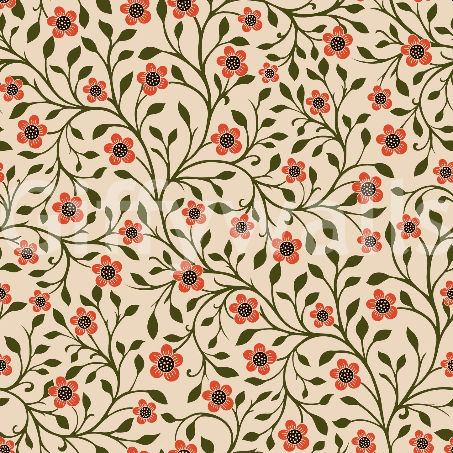 Trailing vines and orange blooms pattern the Folk Floral Vines wallpaper