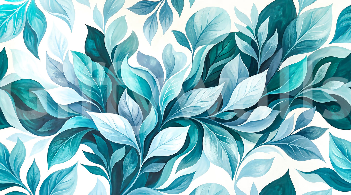 Layered leaf rhythm in cool teal tones across ivory-ground wall mural