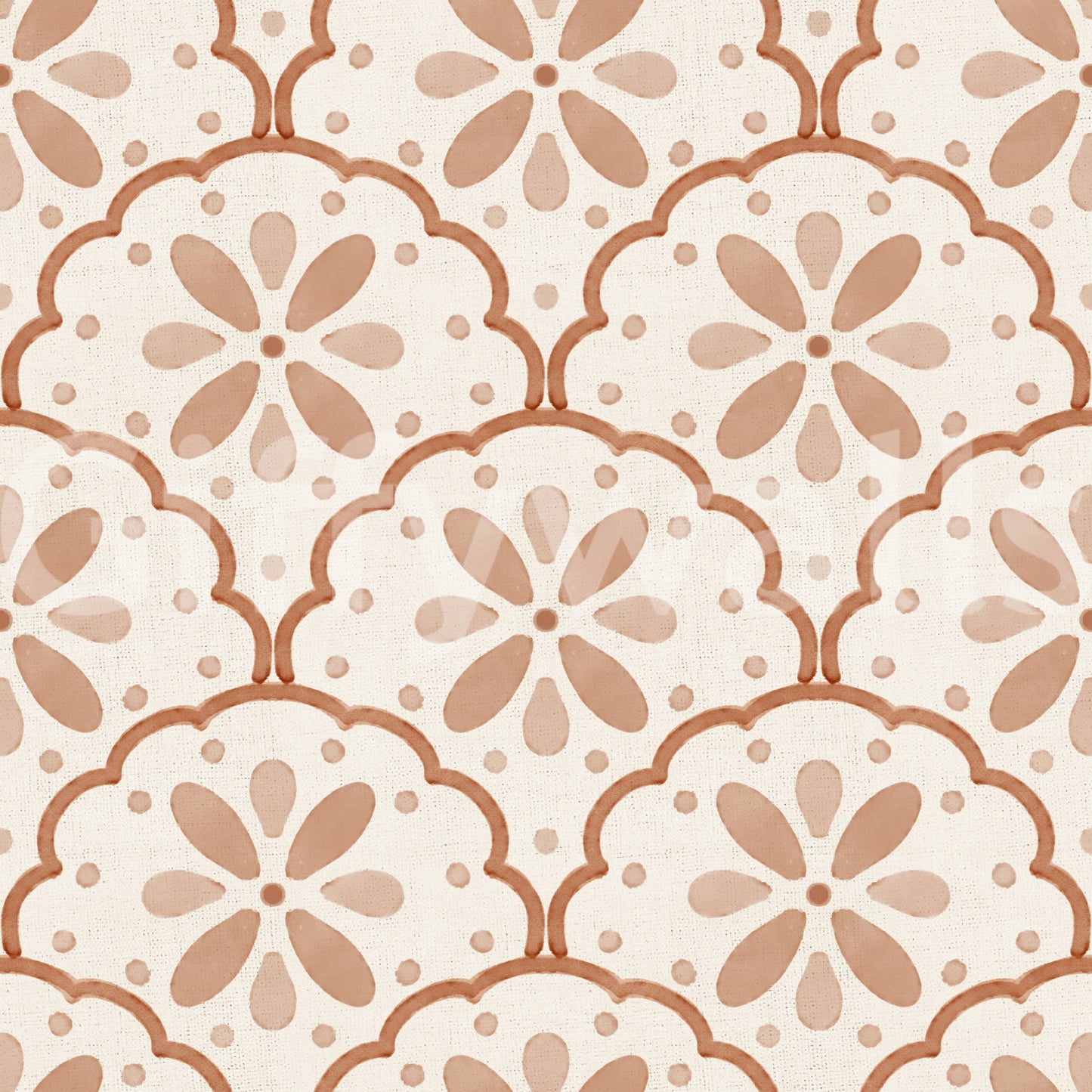 Speckled rust dots dance along curved edges of Terracotta Scallop wallpaper.