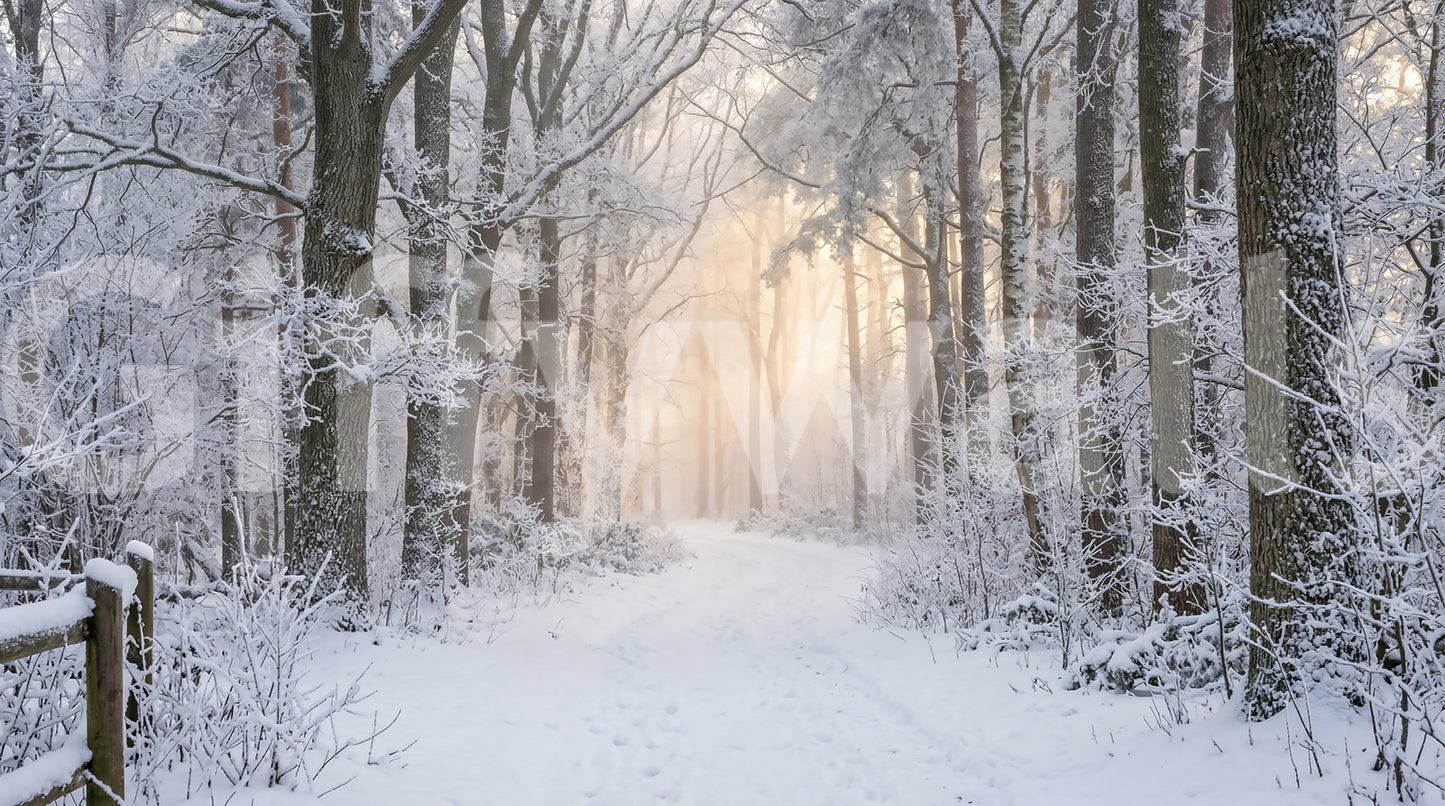 Crisp white snow features in the misty winter forest glow wall mural.