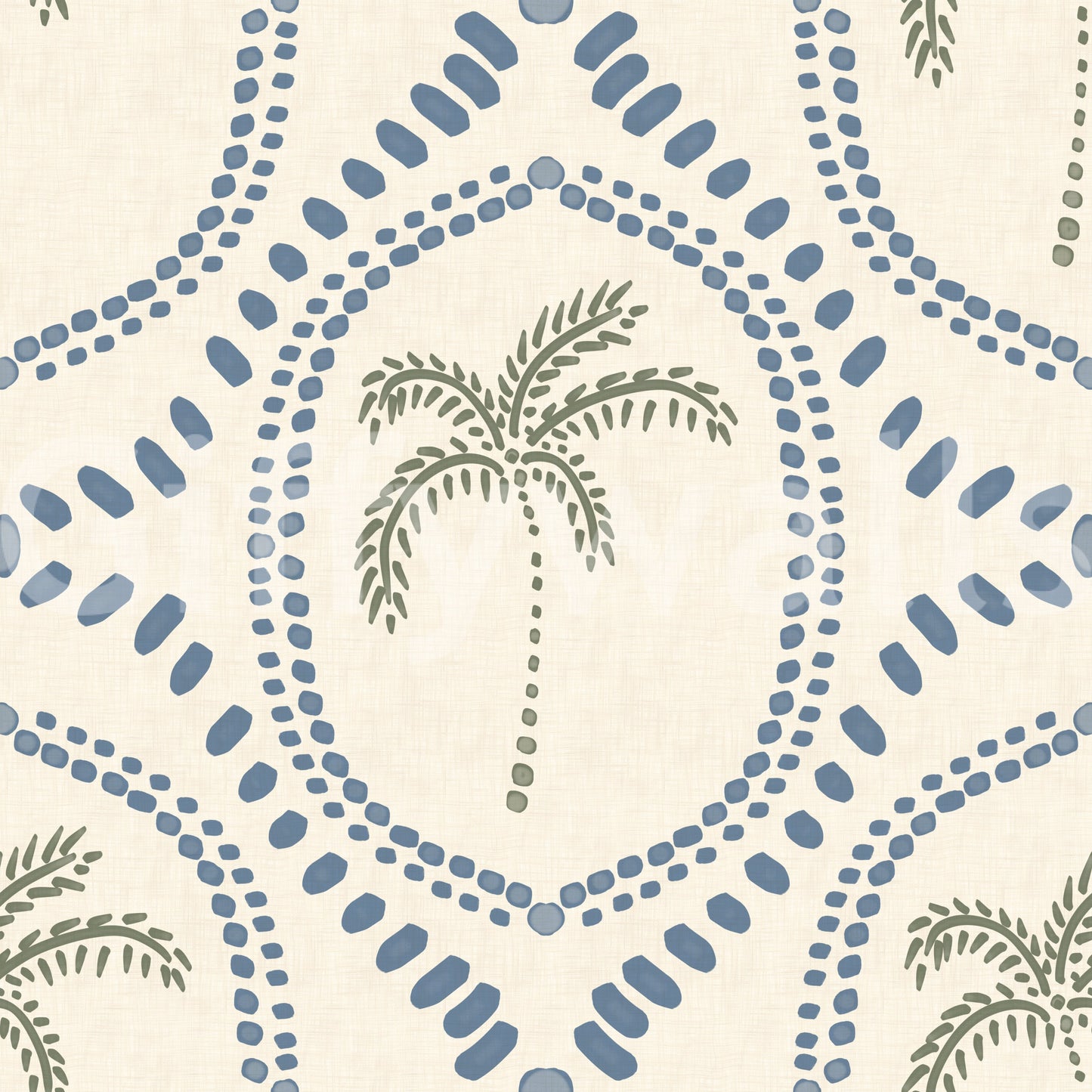 Repeating beachy motifs keep the slate-blue palm wallpaper calm and evenly spaced