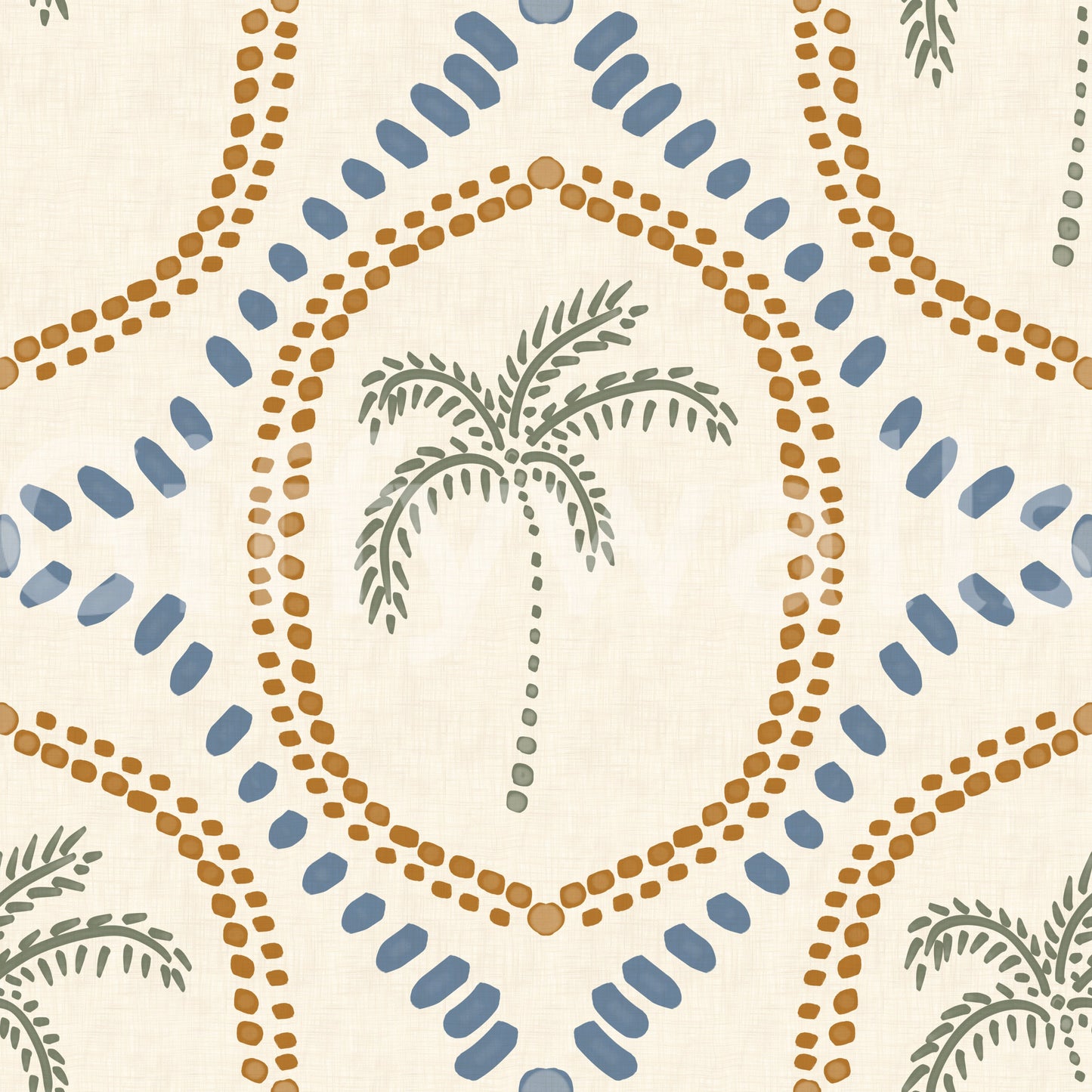 Geometric elements within the Beachy Boho Palm Oasis Golden & Slate Blue Wallpaper.