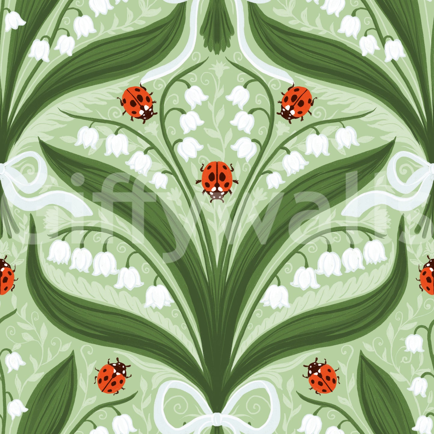Two mirrored halves form the folk lily of the valley ladybug wallpaper repeat