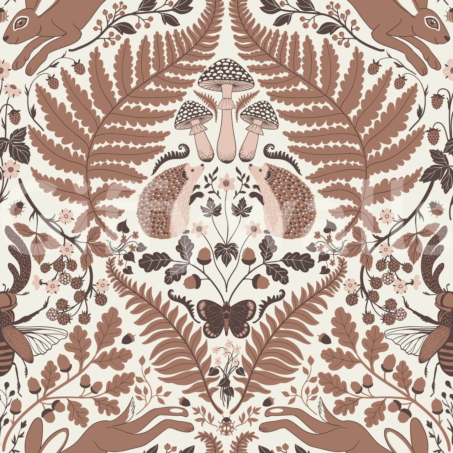 Acorns, berries and oak leaves fill the gaps in this woodland whispers wallpaper