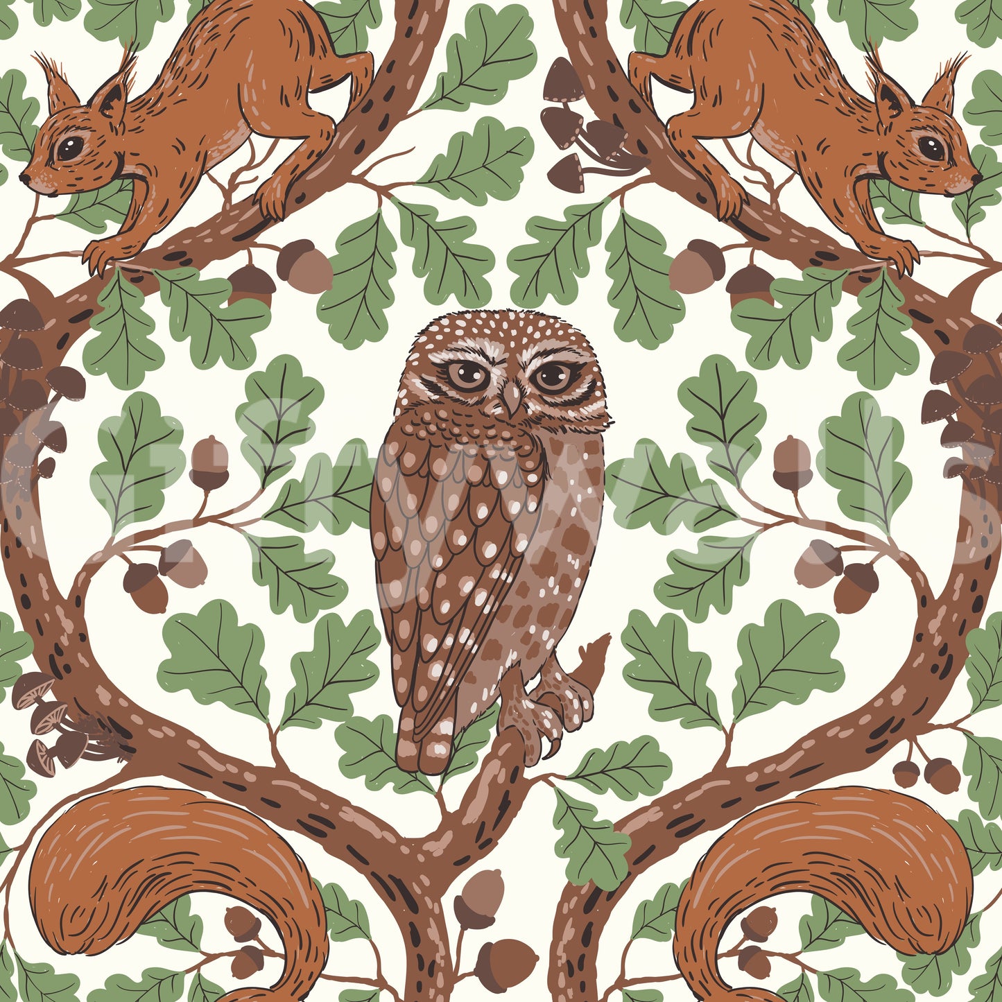 Woodland Whispers/Owls and Squirrels in the Oak/mocha mousse and coffee brown 3 Wallpaper